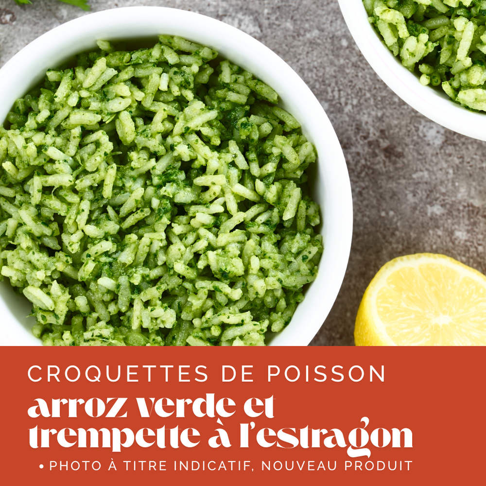 Croquettes de poisson, arroz verde, trempette à l'estragon