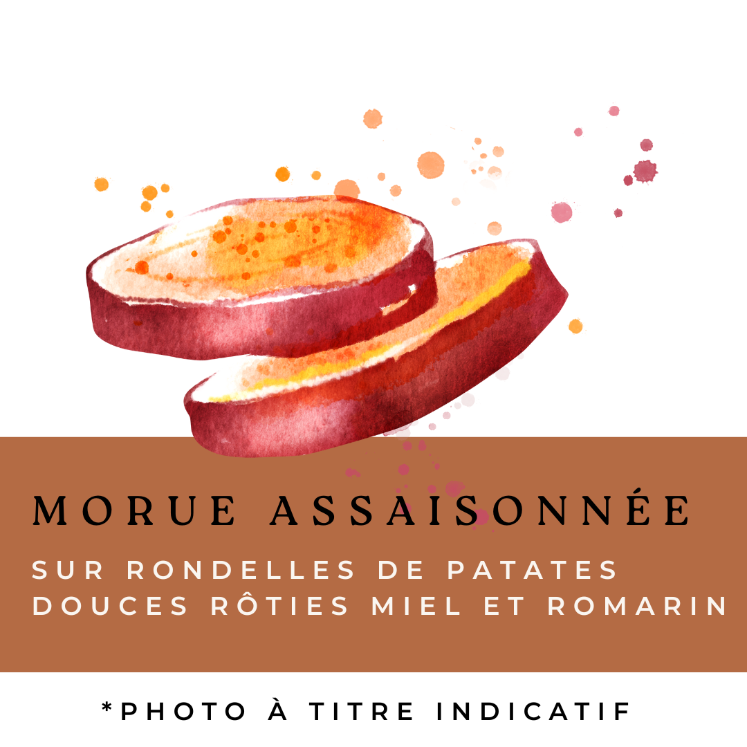 Morue assaisonnée sur rondelles de patates douces rôties au miel et romarin