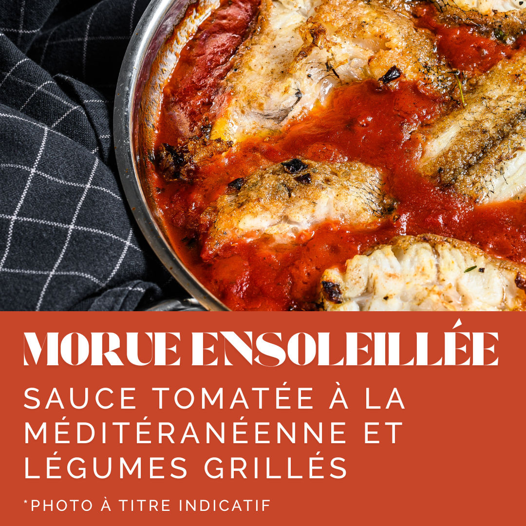 Morue ensoleillée, sauce tomatée méditerranéenne et légumes grillés