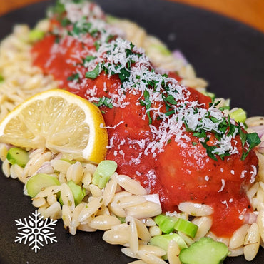 Italian Veal Meatballs on Orzo with Asparagus and Lemon