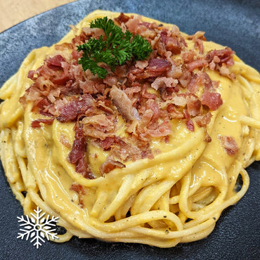 Linguine with roasted squash and bacon sauce