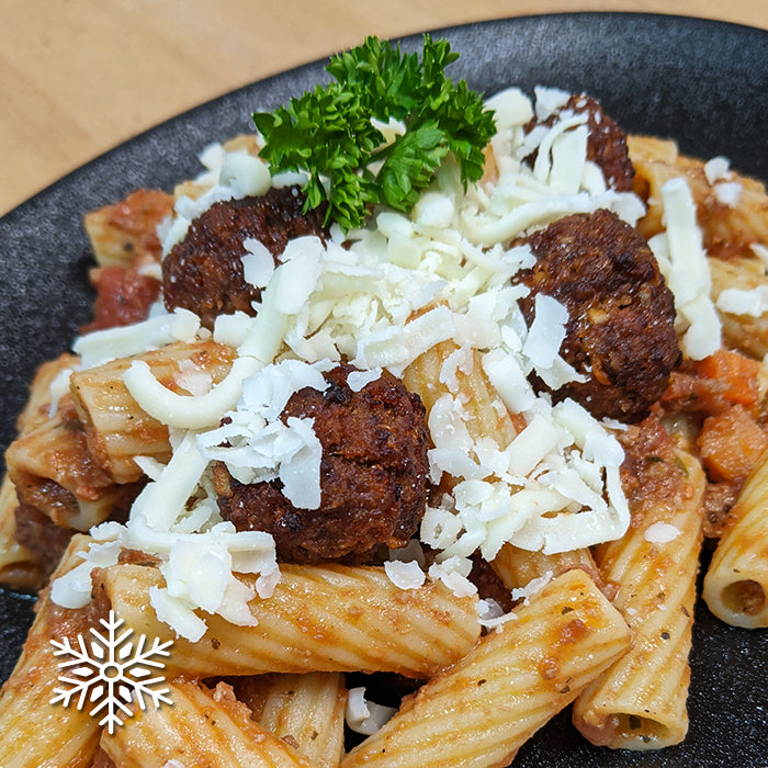 Mini meatballs rigatoni