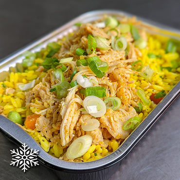 Rice with vegetables and chicken shawarma