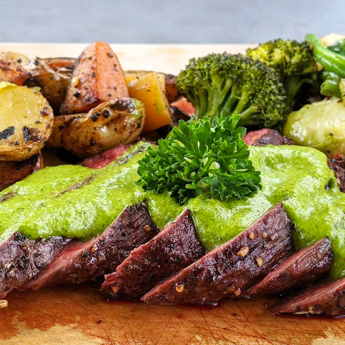 Steak de surlonge chimichurri, riz assaisonné et légumes